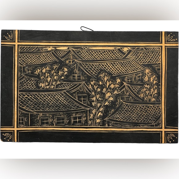 Engraved Wood Wall Art Japanese Village Painted Black 11-3/4”W x 7-1/4”H EUC - Picture 2 of 5